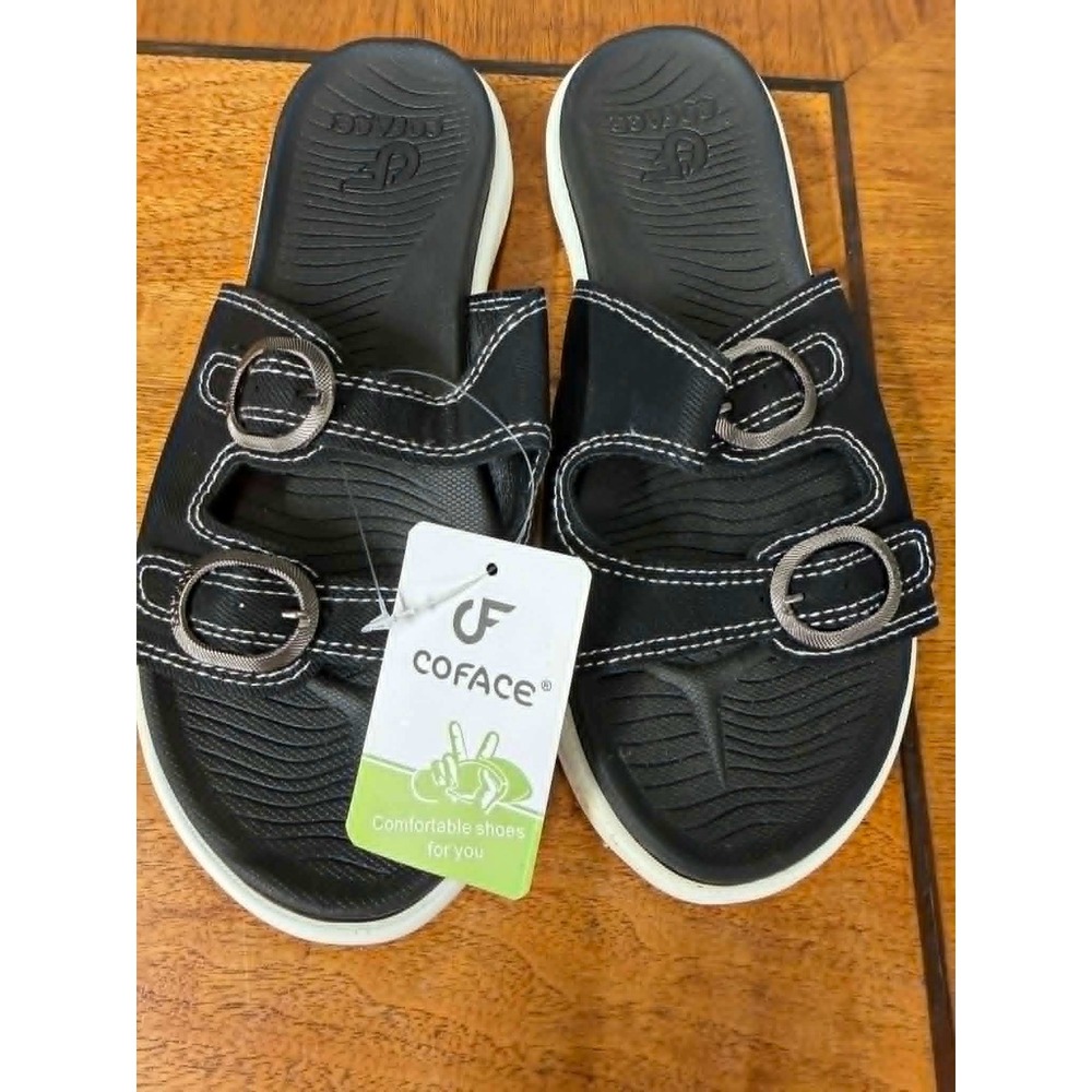 Coface Womens US 8 EU 38.5 UK 6 Black Slide Sandals Adjustable Buckle Straps